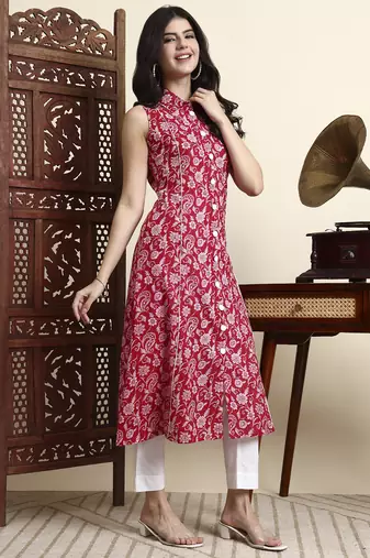 cotton light pink sleeveless kurta