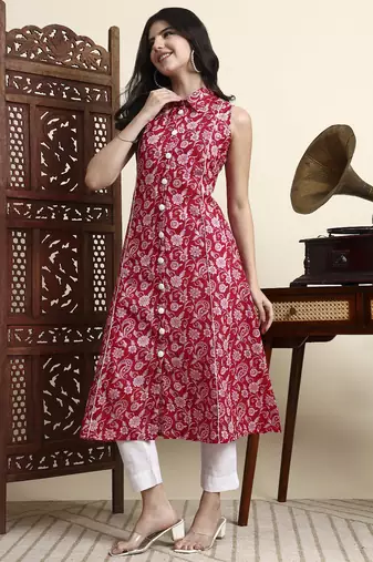 cotton light pink sleeveless kurta