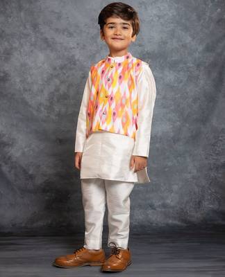 Boys silk kurta pant with multicolour digital printed jacket 1