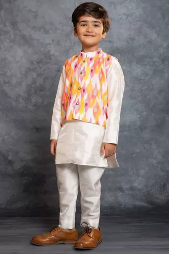 Boys silk kurta pant with multicolour digital printed jacket