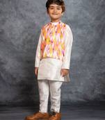 Boys silk kurta pant with multicolour digital printed jacket