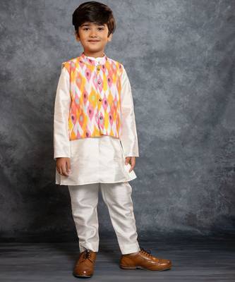 Boys silk kurta pant with multicolour digital printed jacket 2