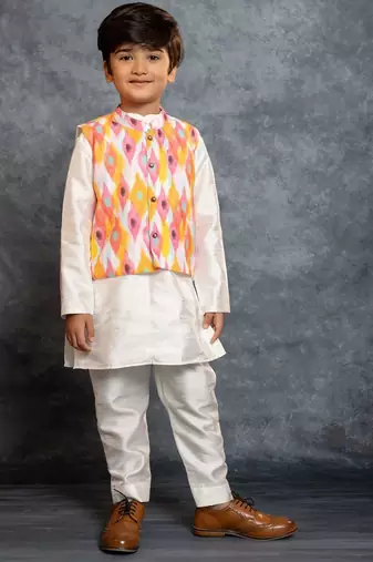 Boys silk kurta pant with multicolour digital printed jacket