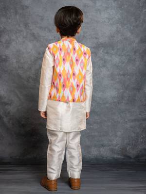 Boys silk kurta pant with multicolour digital printed jacket 3