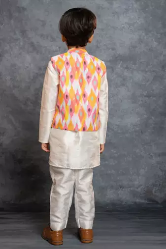 Boys silk kurta pant with multicolour digital printed jacket