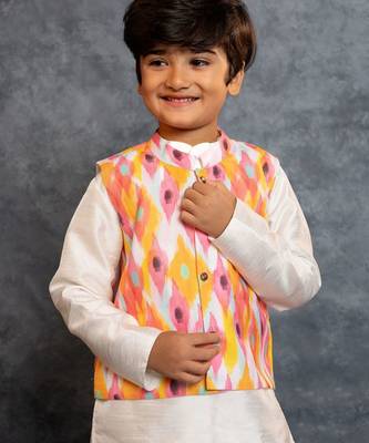 Boys silk kurta pant with multicolour digital printed jacket 4