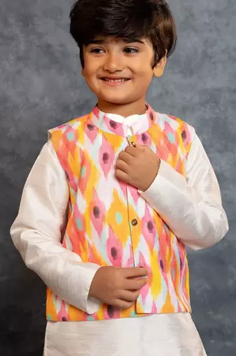 Boys silk kurta pant with multicolour digital printed jacket