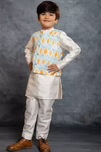 Boys kurta pant with digital printed sky blue jacket