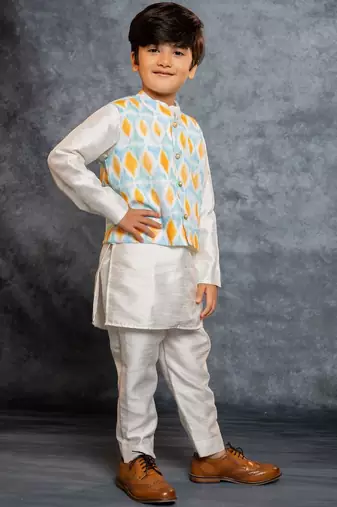 Boys kurta pant with digital printed sky blue jacket