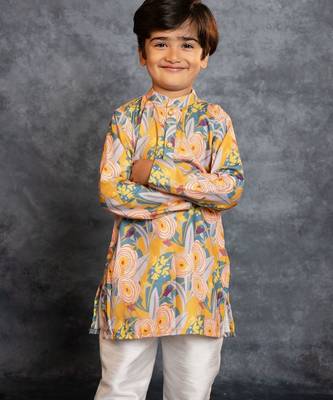 Boys soft cotton digital printed yellow kurta with banglori silk pant 1