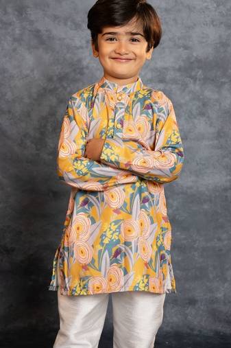 Boys soft cotton digital printed yellow kurta with banglori silk pant
