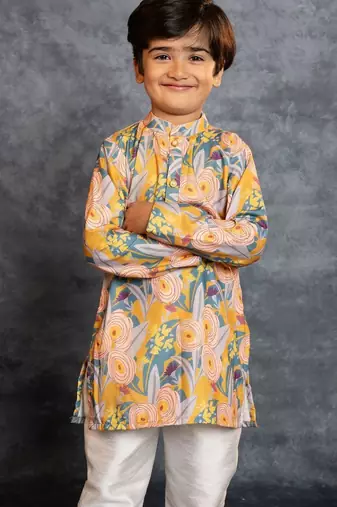 Boys soft cotton digital printed yellow kurta with banglori silk pant