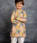 Boys soft cotton digital printed yellow kurta with banglori silk pant