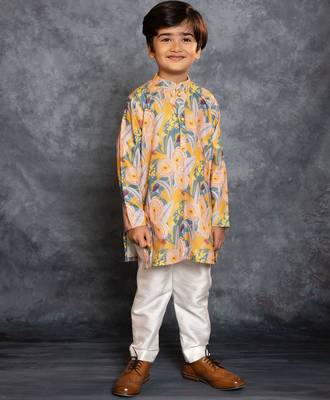 Boys soft cotton digital printed yellow kurta with banglori silk pant 2