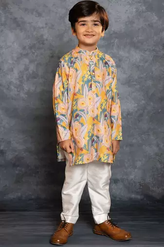 Boys soft cotton digital printed yellow kurta with banglori silk pant