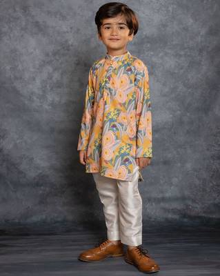 Boys soft cotton digital printed yellow kurta with banglori silk pant 3