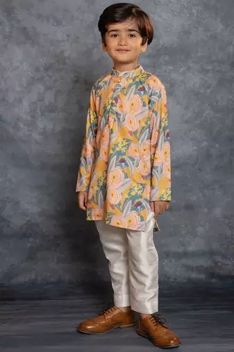 Boys soft cotton digital printed yellow kurta with banglori silk pant