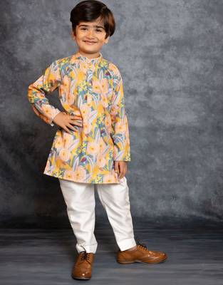Boys soft cotton digital printed yellow kurta with banglori silk pant 4