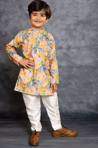 Boys soft cotton digital printed yellow kurta with banglori silk pant