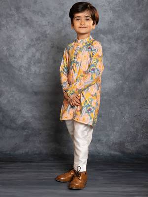 Boys soft cotton digital printed yellow kurta with banglori silk pant 5