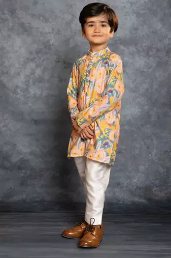 Boys soft cotton digital printed yellow kurta with banglori silk pant
