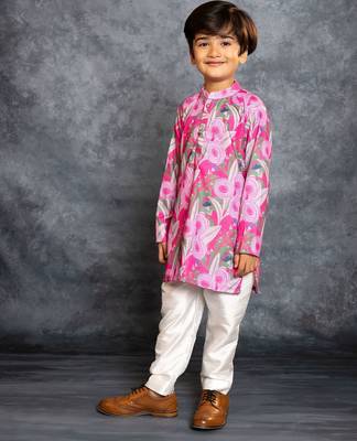 Boys soft cotton digital printed pink kurta with banglori silk pant 1