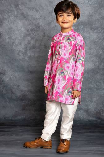 Boys soft cotton digital printed pink kurta with banglori silk pant