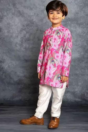 Boys soft cotton digital printed pink kurta with banglori silk pant