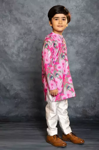 Boys soft cotton digital printed pink kurta with banglori silk pant
