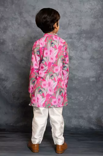 Boys soft cotton digital printed pink kurta with banglori silk pant