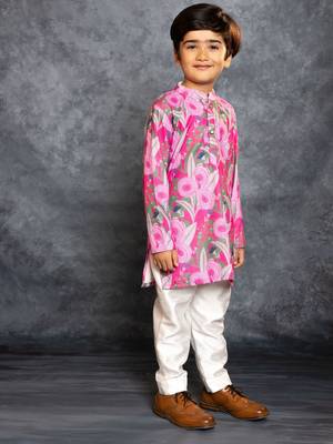 Boys soft cotton digital printed pink kurta with banglori silk pant 4