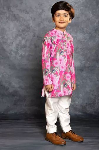 Boys soft cotton digital printed pink kurta with banglori silk pant