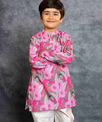 Boys soft cotton digital printed pink kurta with banglori silk pant 5