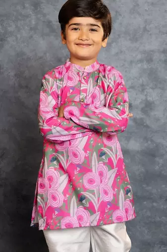 Boys soft cotton digital printed pink kurta with banglori silk pant