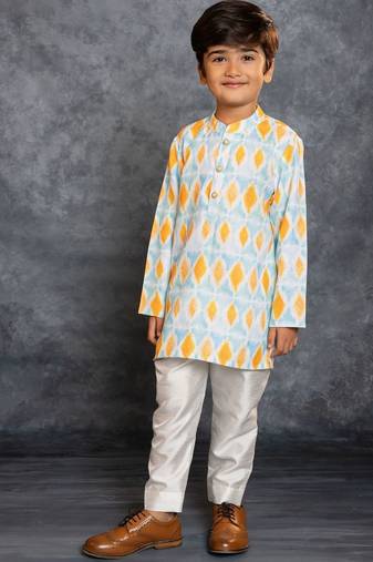 Boys cotton linen digital printed multicolor kurta with pant