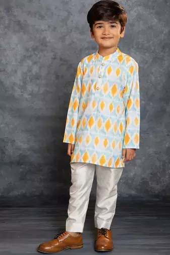 Boys cotton linen digital printed multicolor kurta with pant