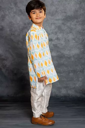 Boys cotton linen digital printed multicolor kurta with pant