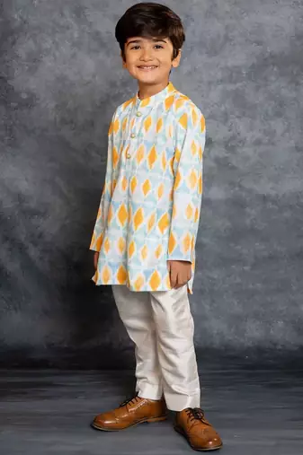 Boys cotton linen digital printed multicolor kurta with pant