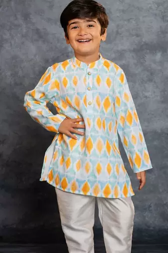 Boys cotton linen digital printed multicolor kurta with pant