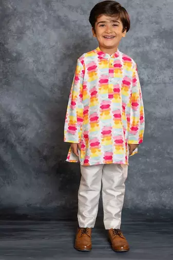 Boys cotton linen digital printed multicolored kurta with pant
