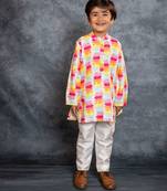 Boys cotton linen digital printed multicolored kurta with pant