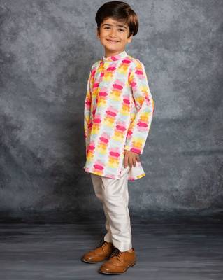 Boys cotton linen digital printed multicolored kurta with pant 2