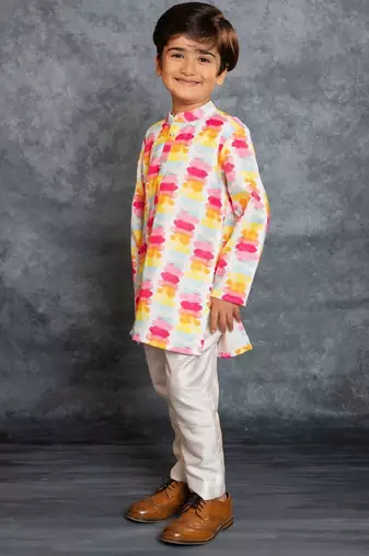 Boys cotton linen digital printed multicolored kurta with pant