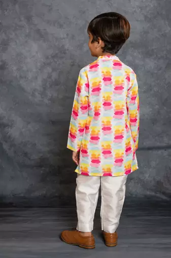 Boys cotton linen digital printed multicolored kurta with pant