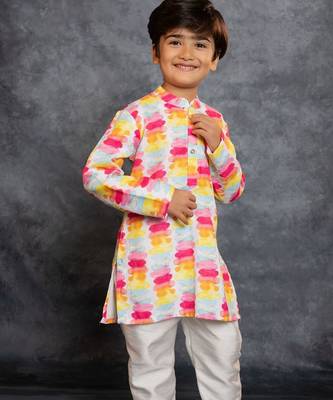 Boys cotton linen digital printed multicolored kurta with pant 4