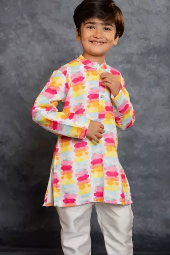 Boys cotton linen digital printed multicolored kurta with pant