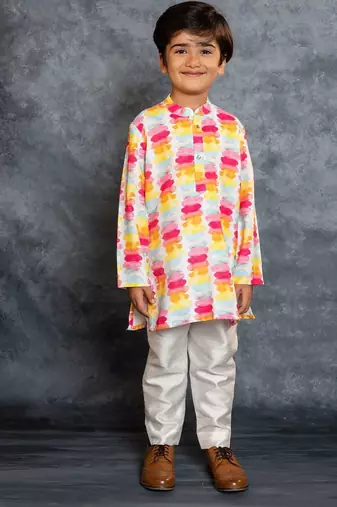 Boys cotton linen digital printed multicolored kurta with pant
