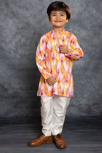 Boys multicolored cotton linen digital printed kurta with pant