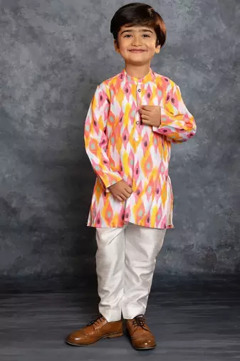 Boys multicolored cotton linen digital printed kurta with pant