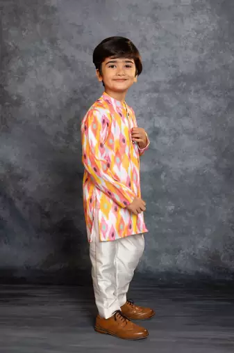 Boys multicolored cotton linen digital printed kurta with pant